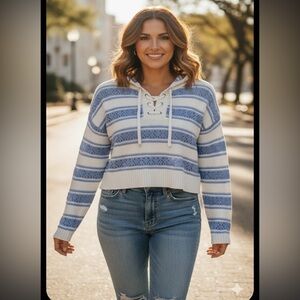 Nikka k hoodie crocheted striped size small sweatshirt blue white front tie NWT